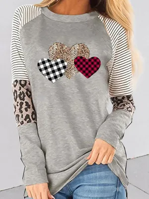 Allison Women's Valentine's Day Long Sleeve Mosaic Peach Heart Casual Round Neck Loose Top