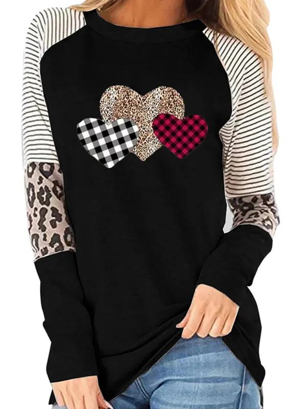 Allison Women's Valentine's Day Long Sleeve Mosaic Peach Heart Casual Round Neck Loose Top