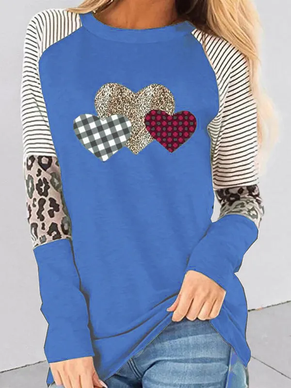 Allison Women's Valentine's Day Long Sleeve Mosaic Peach Heart Casual Round Neck Loose Top