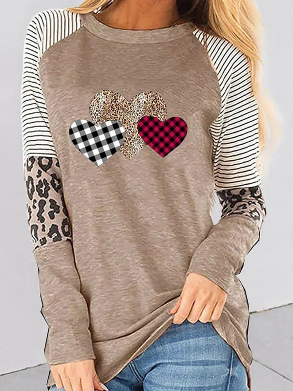 Allison Women's Valentine's Day Long Sleeve Mosaic Peach Heart Casual Round Neck Loose Top