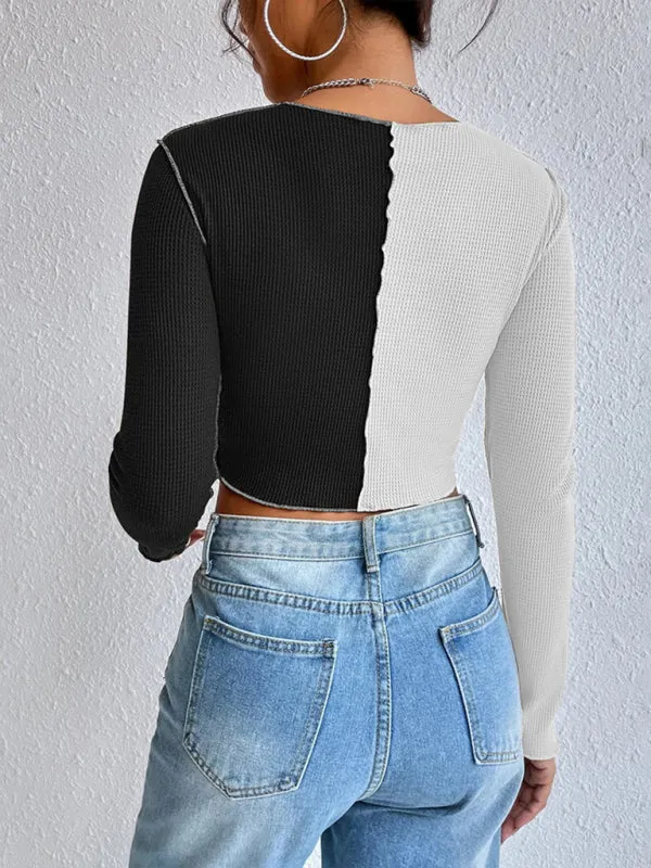Allyson Women's Casual Colorblock Waffle Shorts Long Sleeve T-Shirt