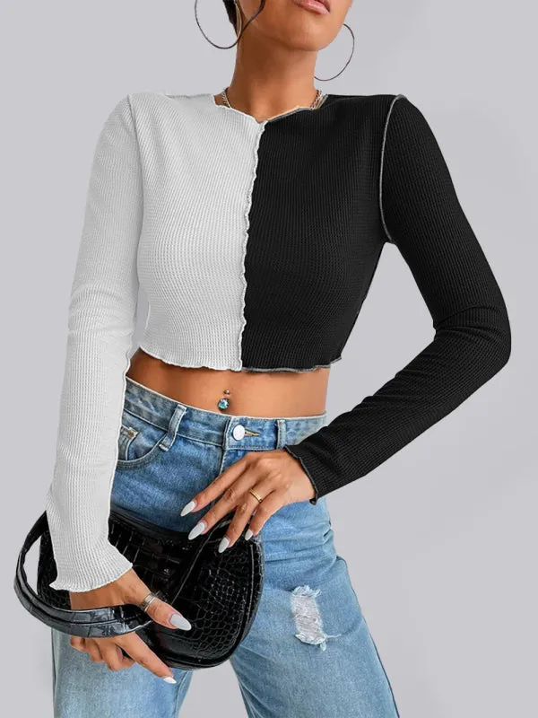 Allyson Women's Casual Colorblock Waffle Shorts Long Sleeve T-Shirt