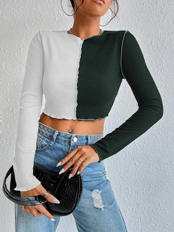 Allyson Women's Casual Colorblock Waffle Shorts Long Sleeve T-Shirt