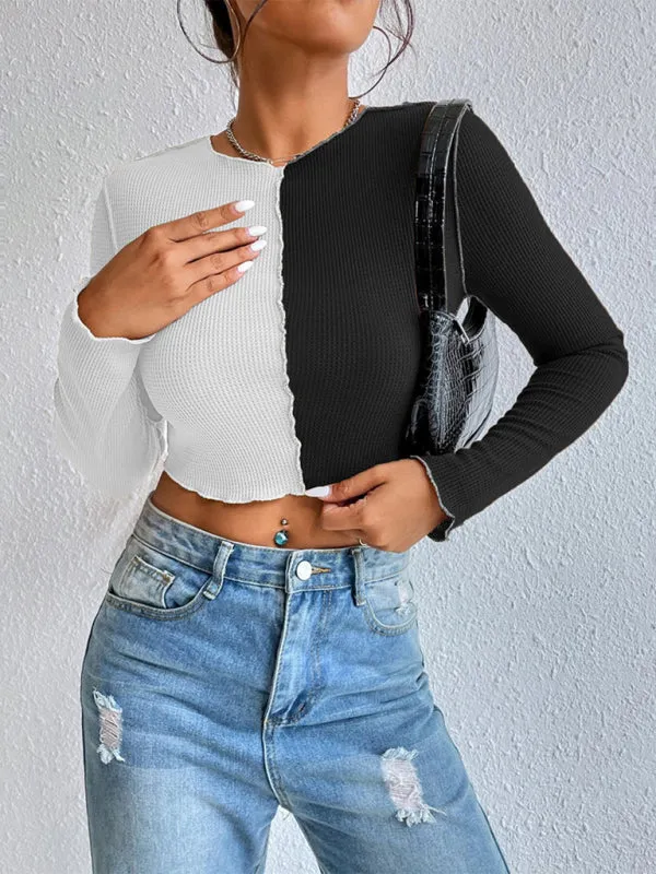 Allyson Women's Casual Colorblock Waffle Shorts Long Sleeve T-Shirt