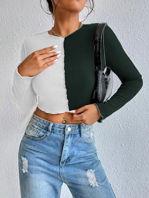Allyson Women's Casual Colorblock Waffle Shorts Long Sleeve T-Shirt