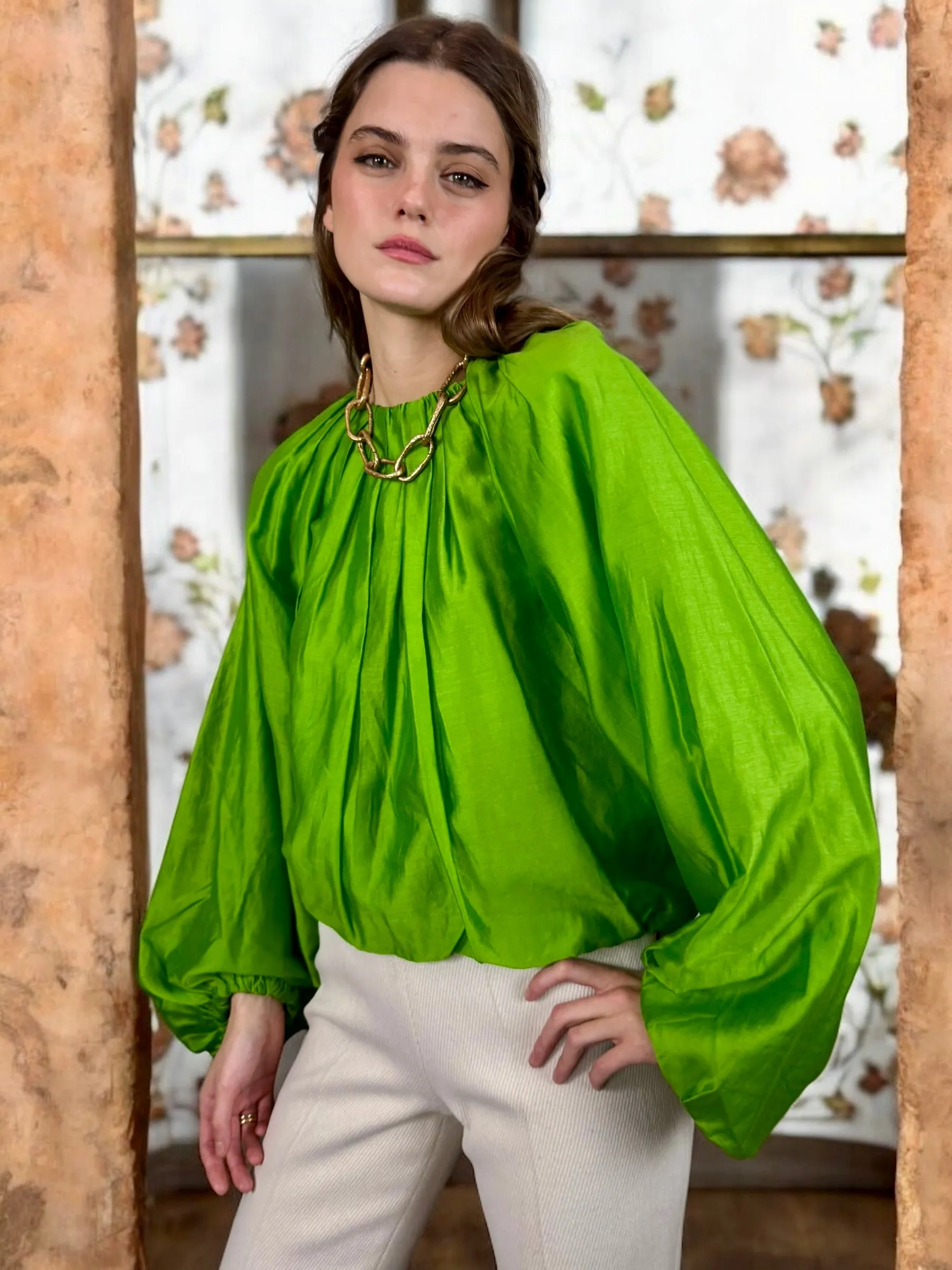Bodil, green silk pleated blouse