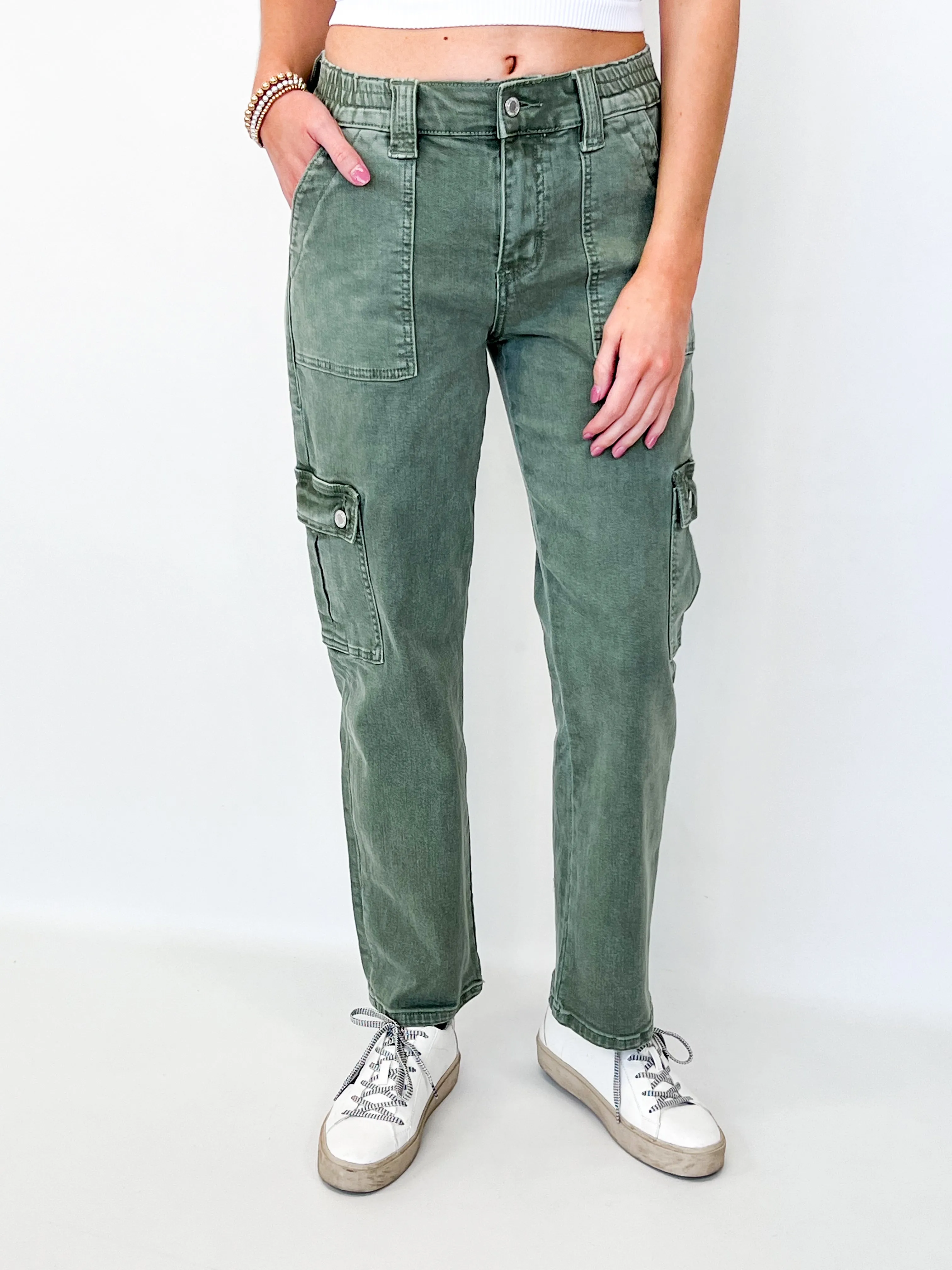 Dixie - High Rise Straight Leg Cargo Jeans (Army Green)