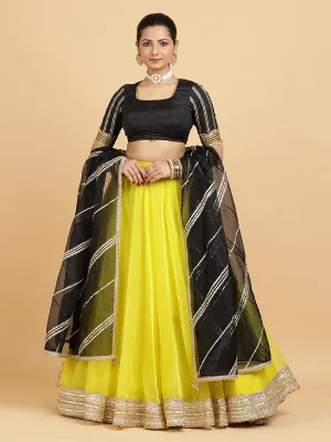Farah Aziza 4-Pc Lehenga Set x Tyohaar | Lemon Yellow Lehenga, Charcoal Black Blouse with Chandni Black Dupatta and Cancan Skirt