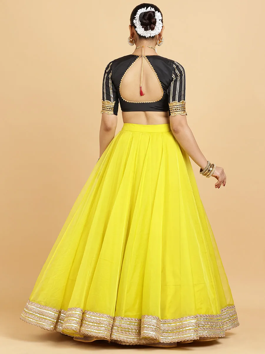 Farah Aziza 4-Pc Lehenga Set x Tyohaar | Lemon Yellow Lehenga, Charcoal Black Blouse with Chandni Black Dupatta and Cancan Skirt