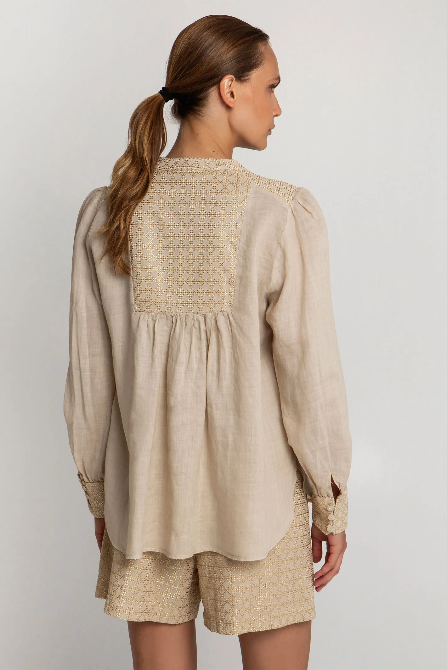 Greek Archaic Kori S25K-440645 Embroidered Smock Blouse Beige Gold