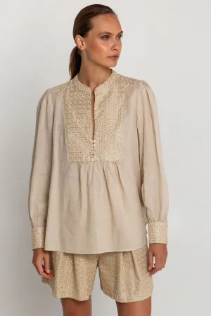 Greek Archaic Kori S25K-440645 Embroidered Smock Blouse Beige Gold