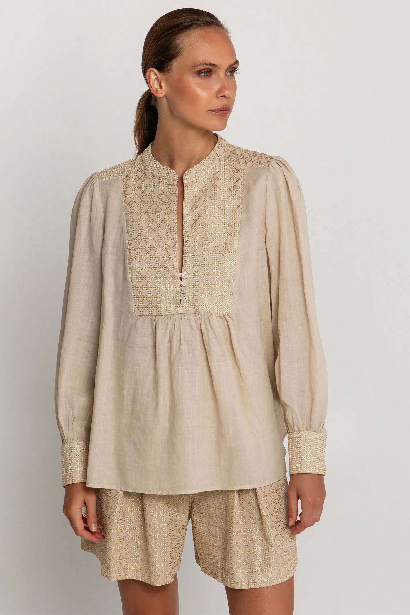 Greek Archaic Kori S25K-440645 Embroidered Smock Blouse Beige Gold