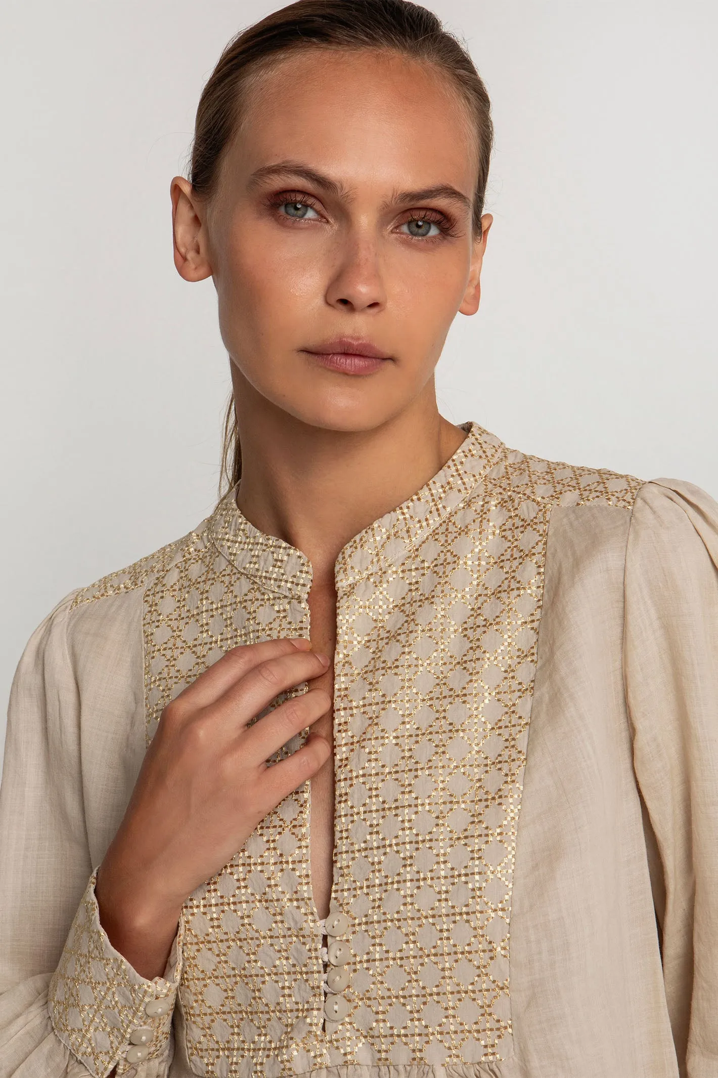 Greek Archaic Kori S25K-440645 Embroidered Smock Blouse Beige Gold