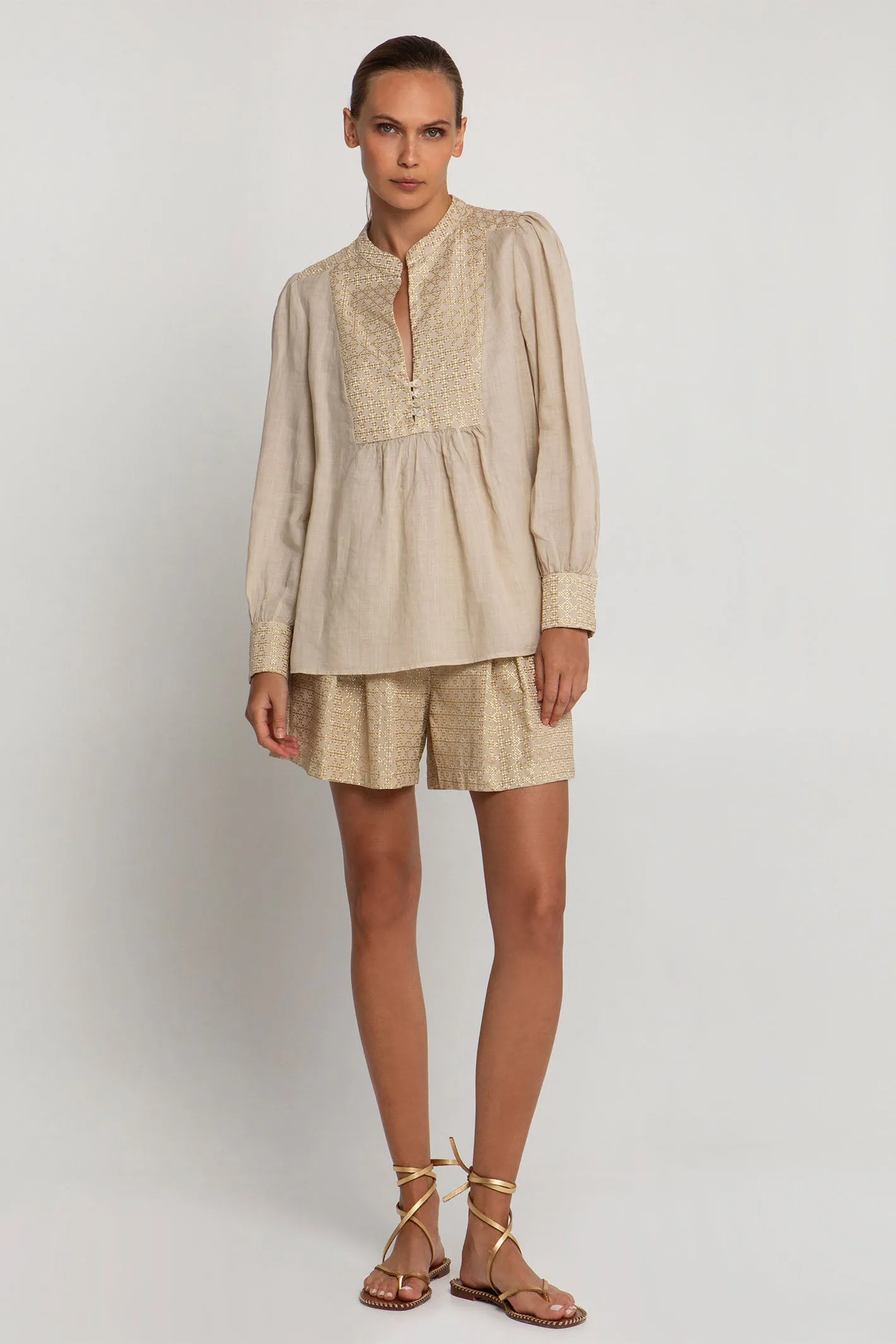 Greek Archaic Kori S25K-440645 Embroidered Smock Blouse Beige Gold