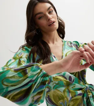 Green Satin Printed Long Sleeves Wrap Blouse