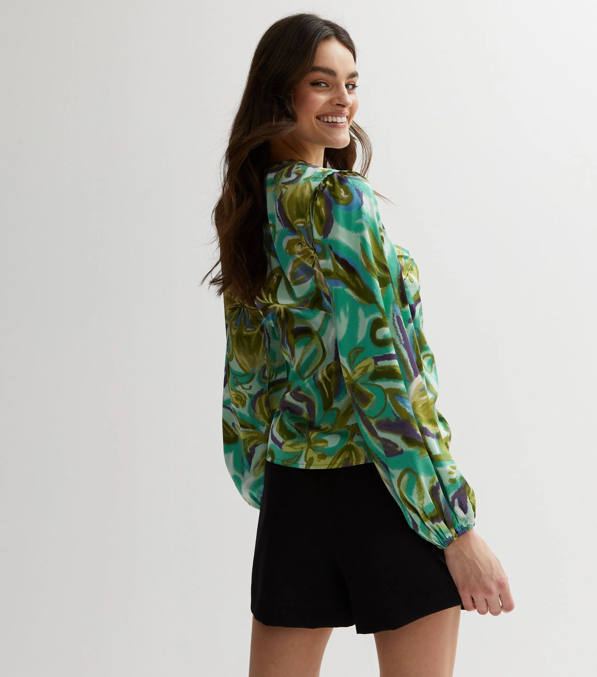 Green Satin Printed Long Sleeves Wrap Blouse