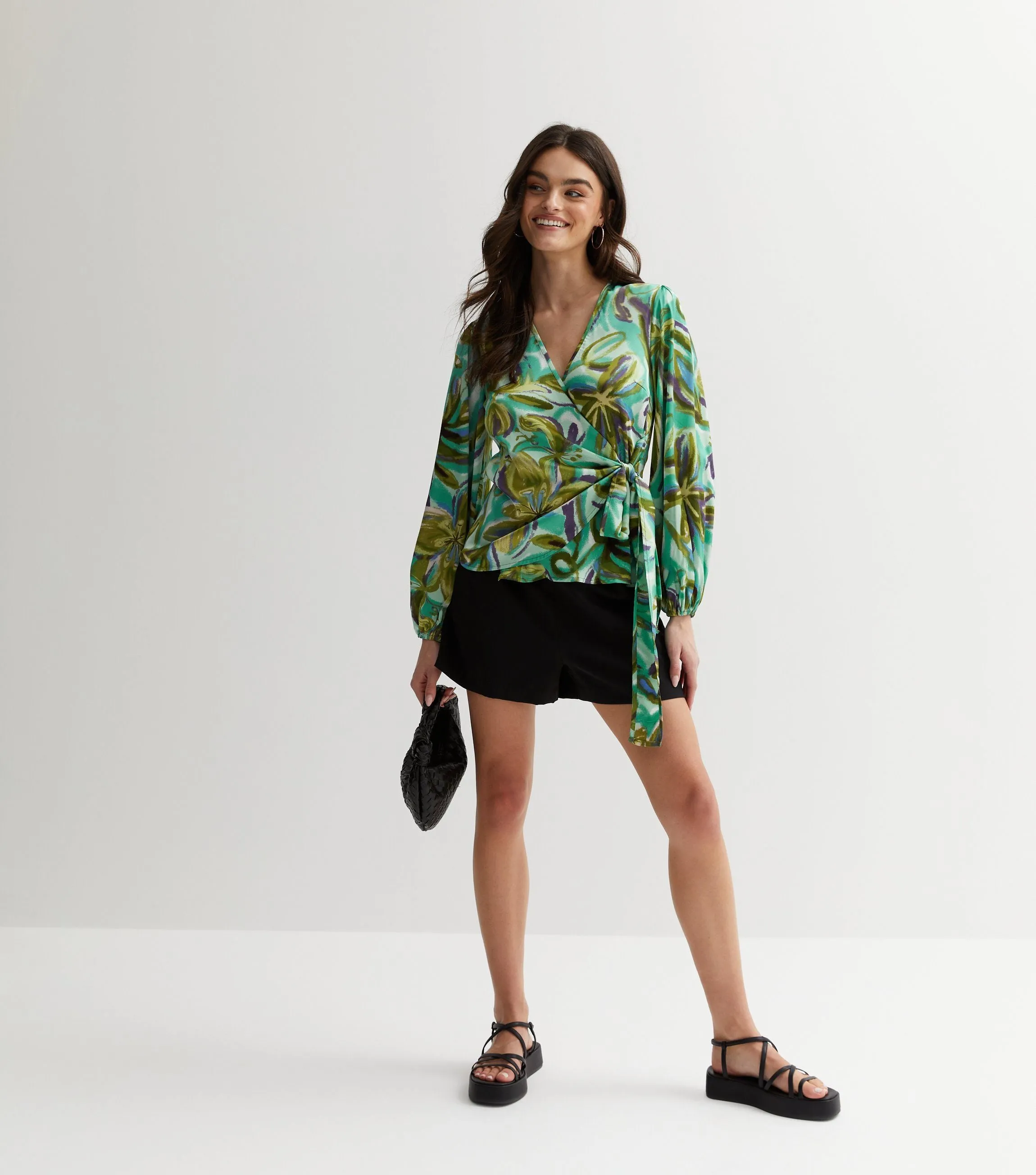 Green Satin Printed Long Sleeves Wrap Blouse