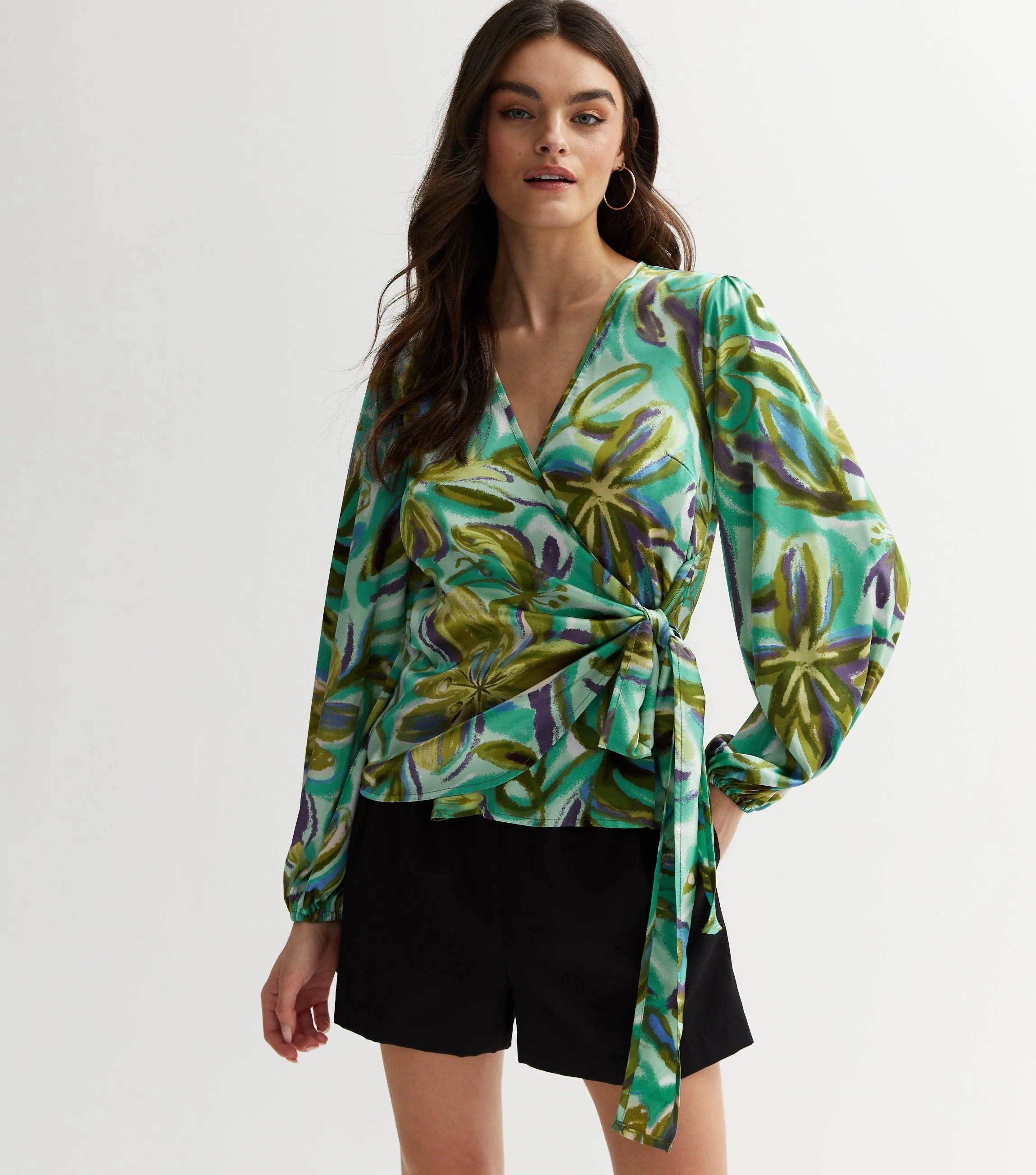 Green Satin Printed Long Sleeves Wrap Blouse