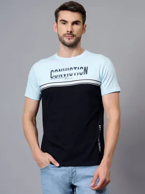Men's Navy Blue Color Blocked Round Neck Half Sleeve T-shirt