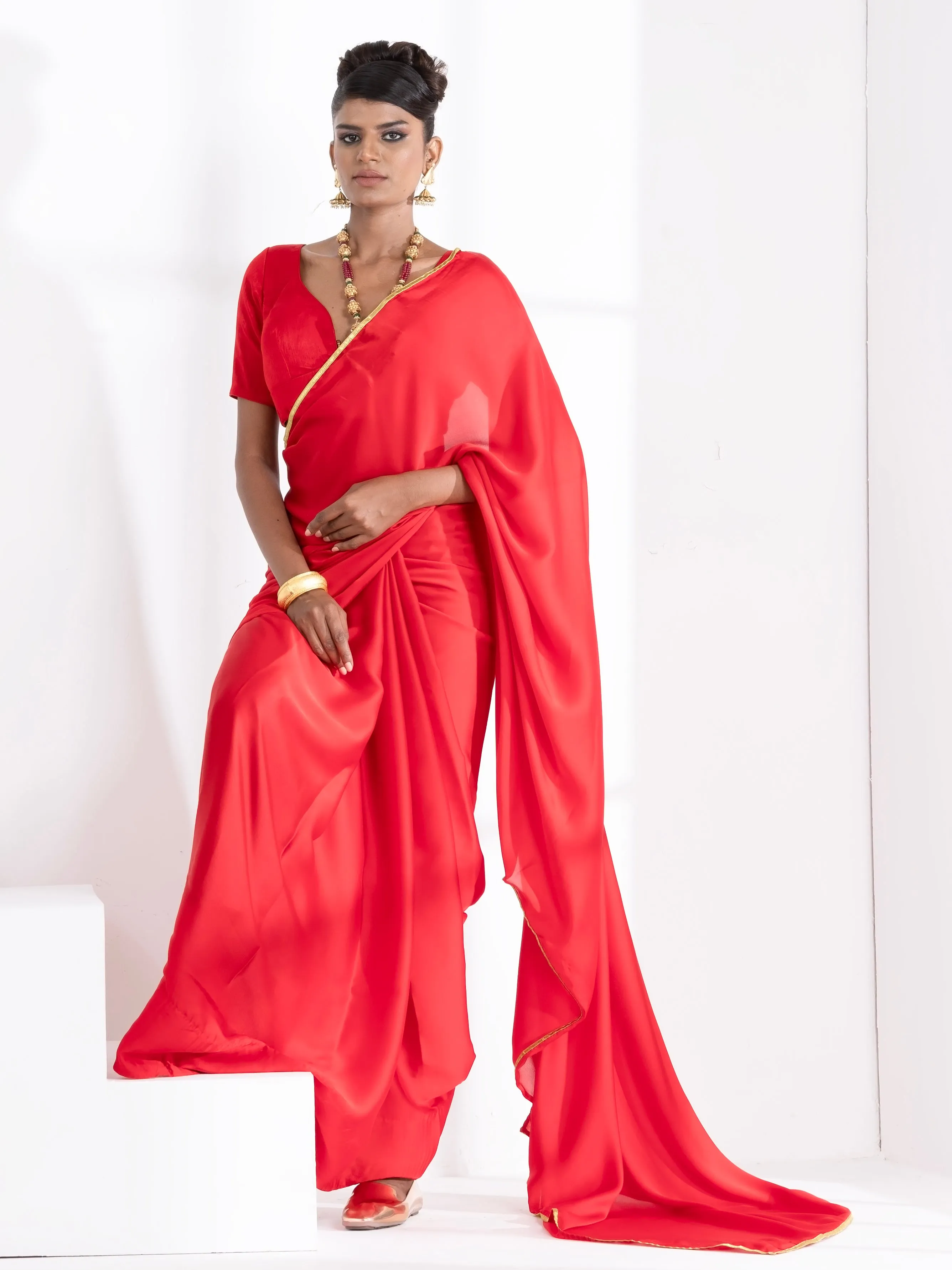 Red Satin Saree with Lace and Red  Blouse Fabric