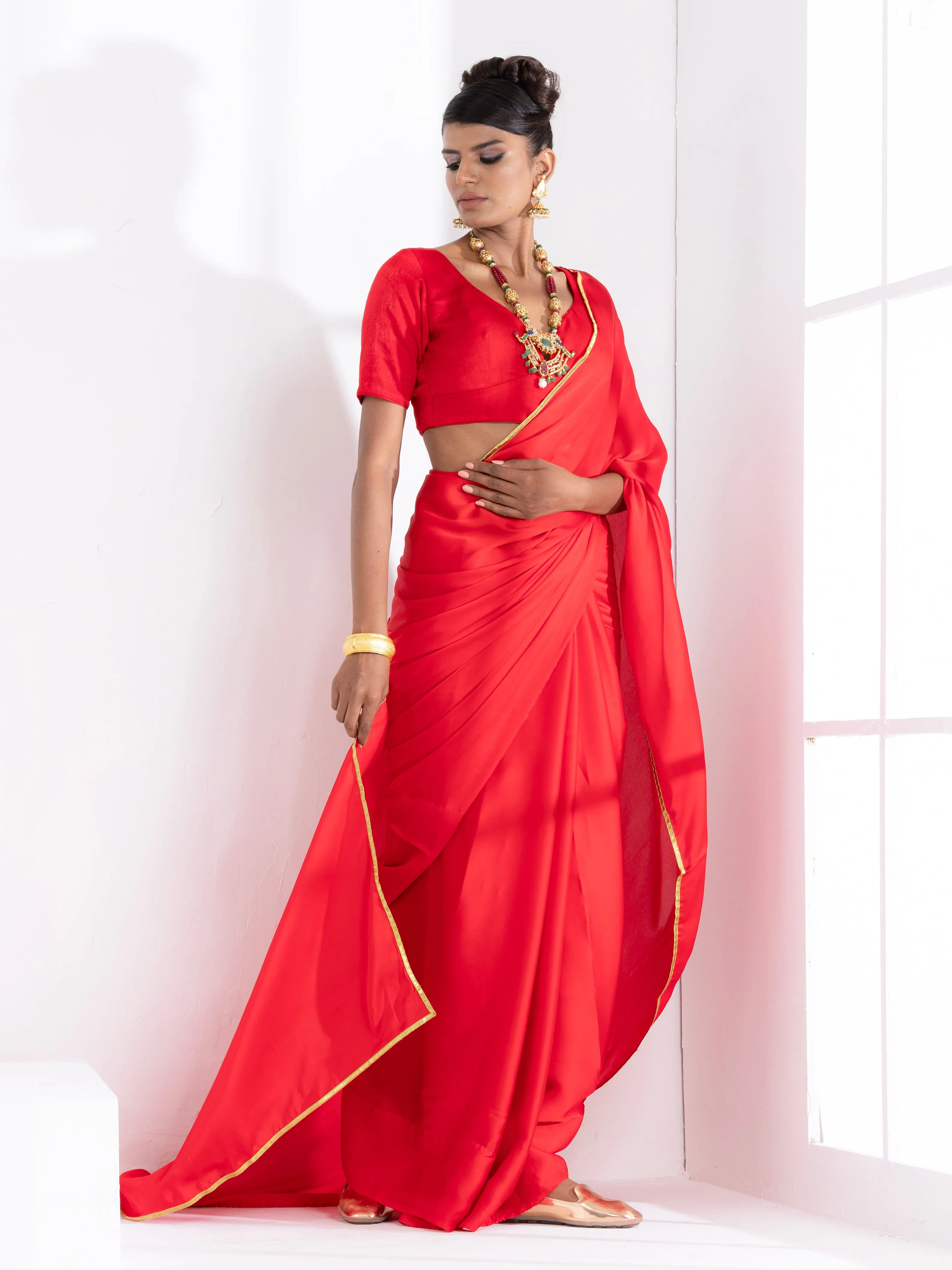 Red Satin Saree with Lace and Red  Blouse Fabric