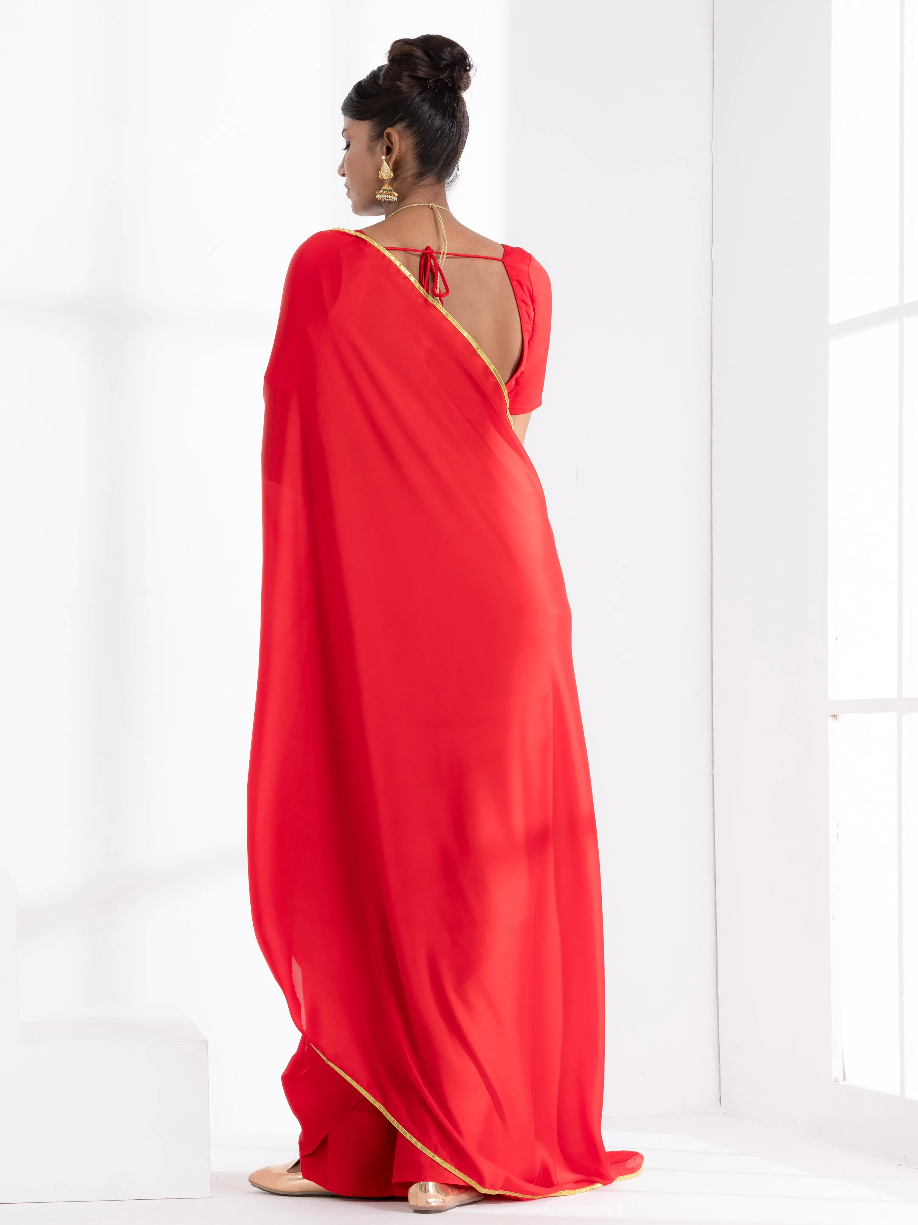 Red Satin Saree with Lace and Red  Blouse Fabric
