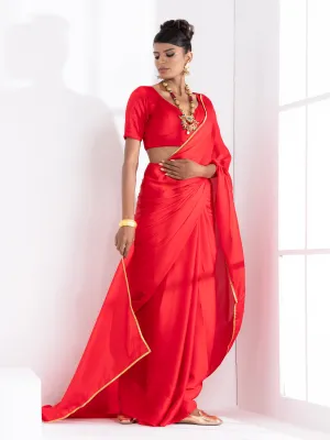 Red Satin Saree with Lace and Red  Blouse Fabric
