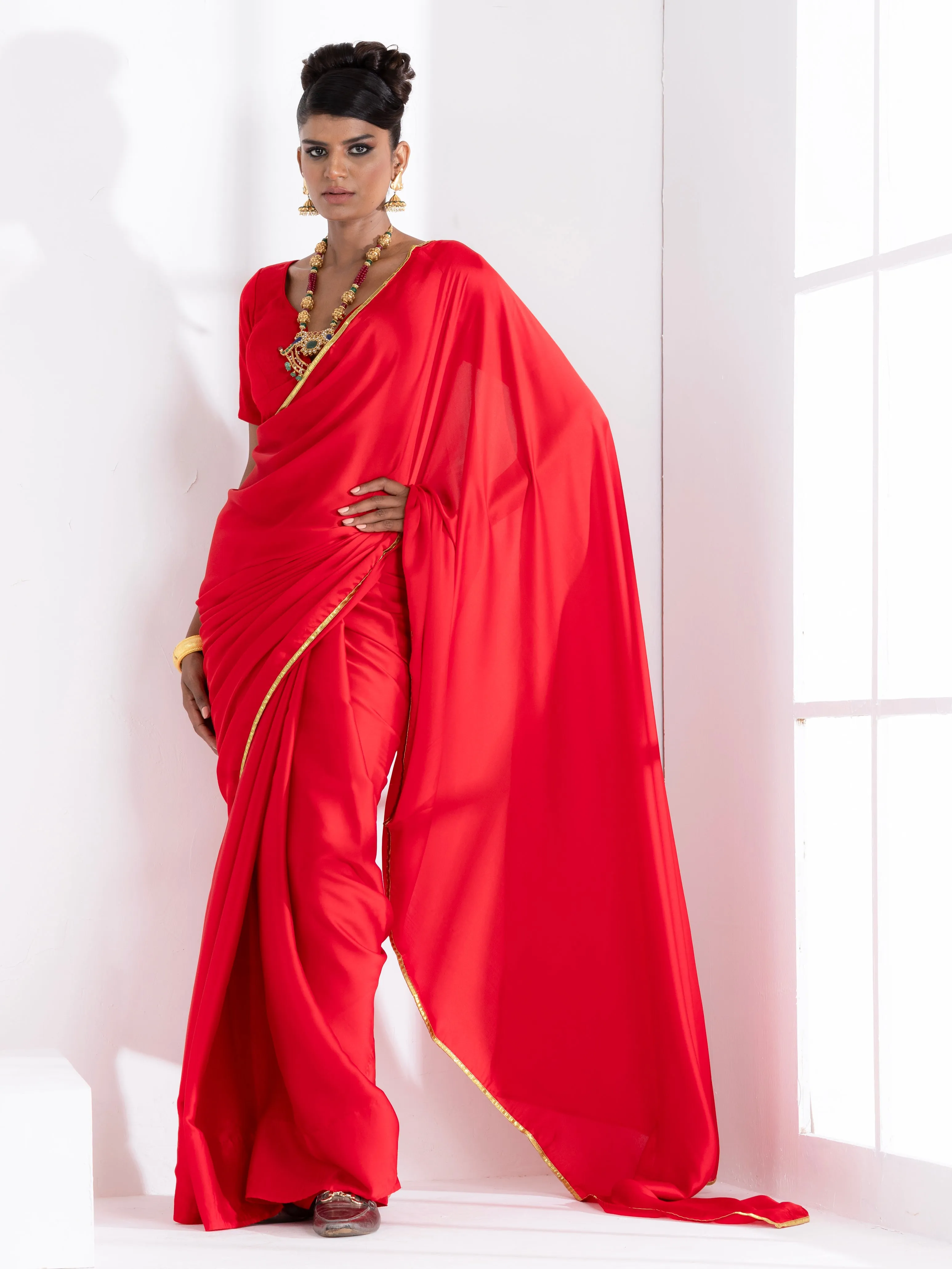 Red Satin Saree with Lace and Red  Blouse Fabric