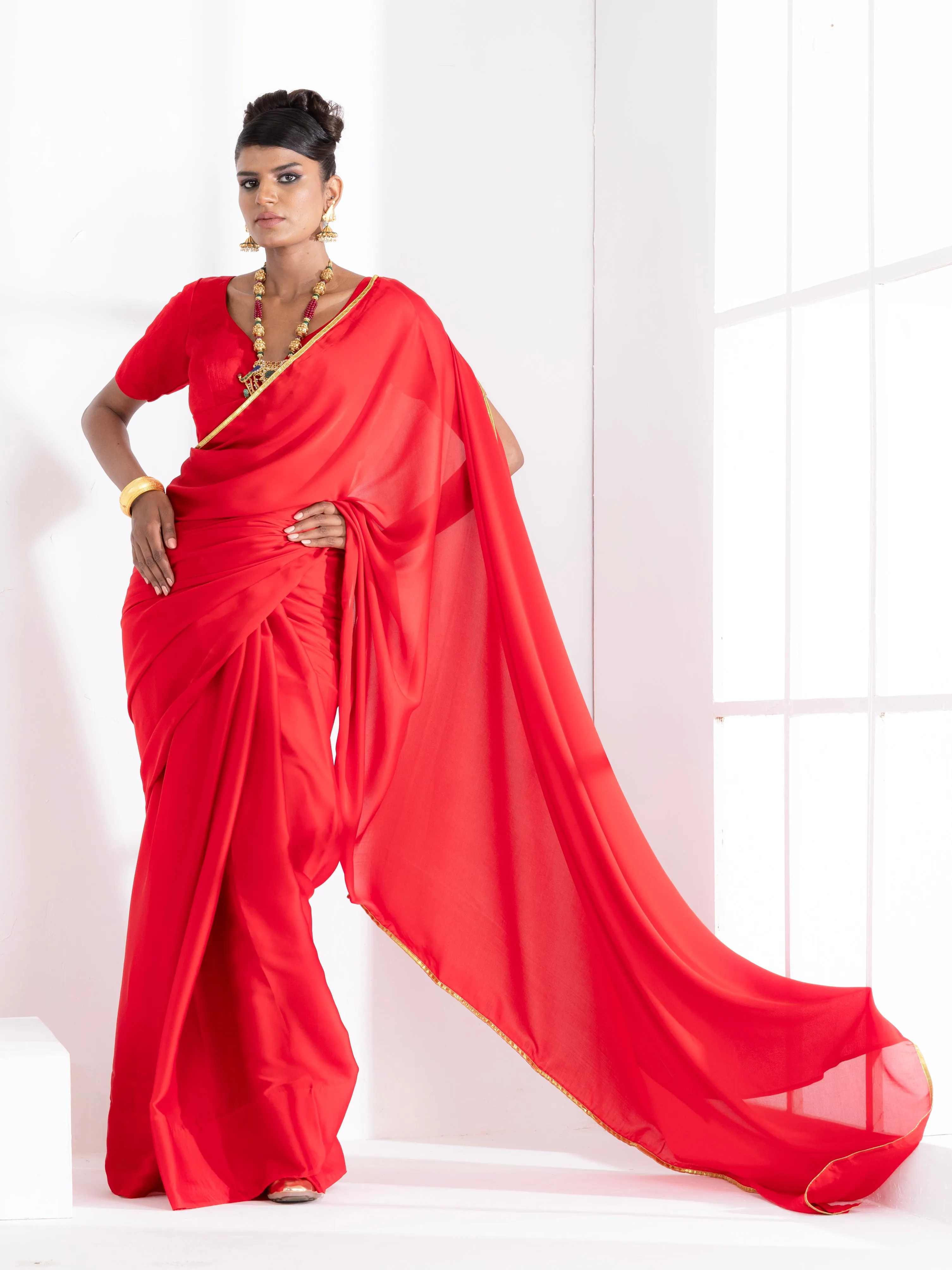 Red Satin Saree with Lace and Red  Blouse Fabric