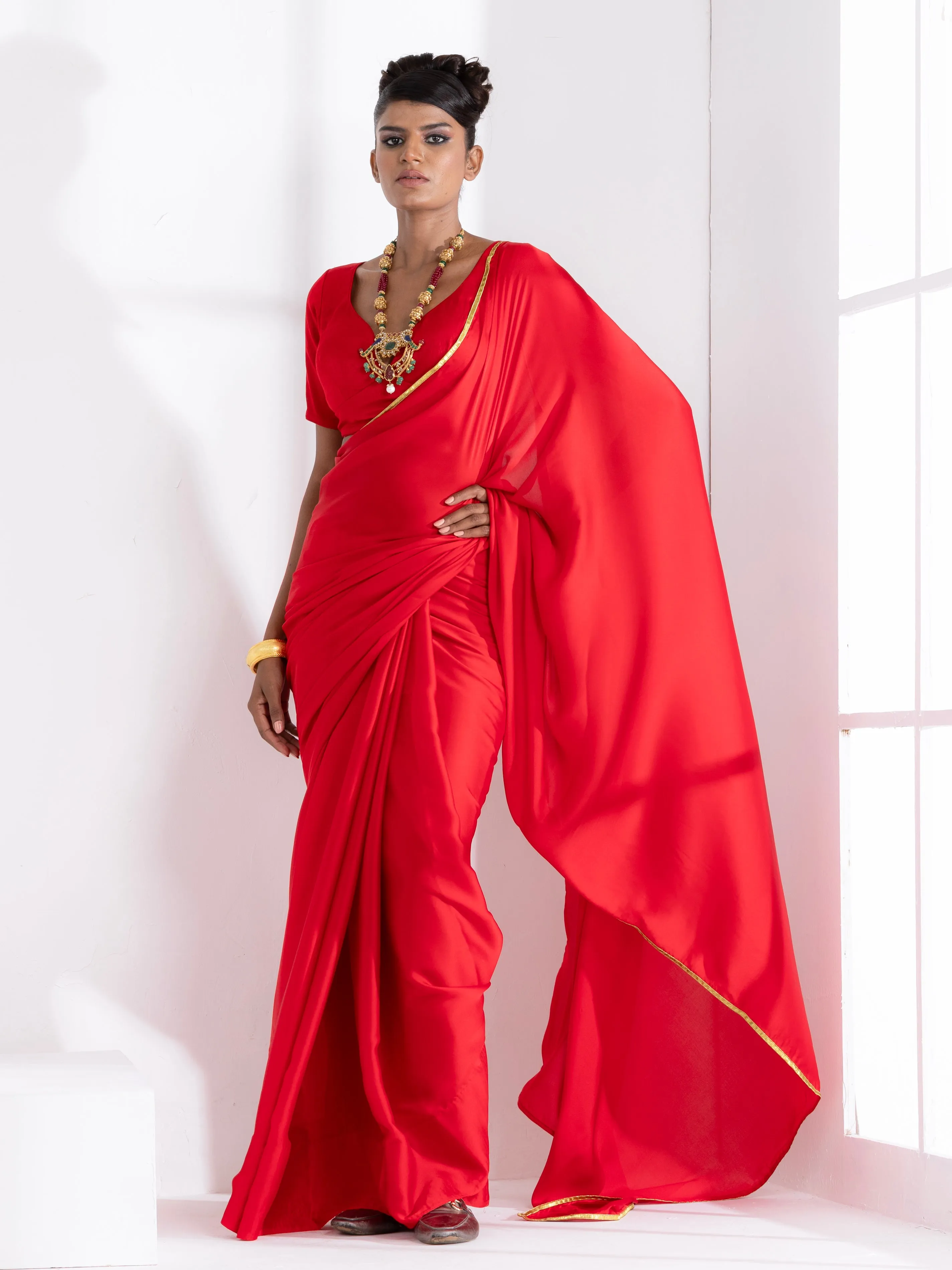 Red Satin Saree with Lace and Red  Blouse Fabric