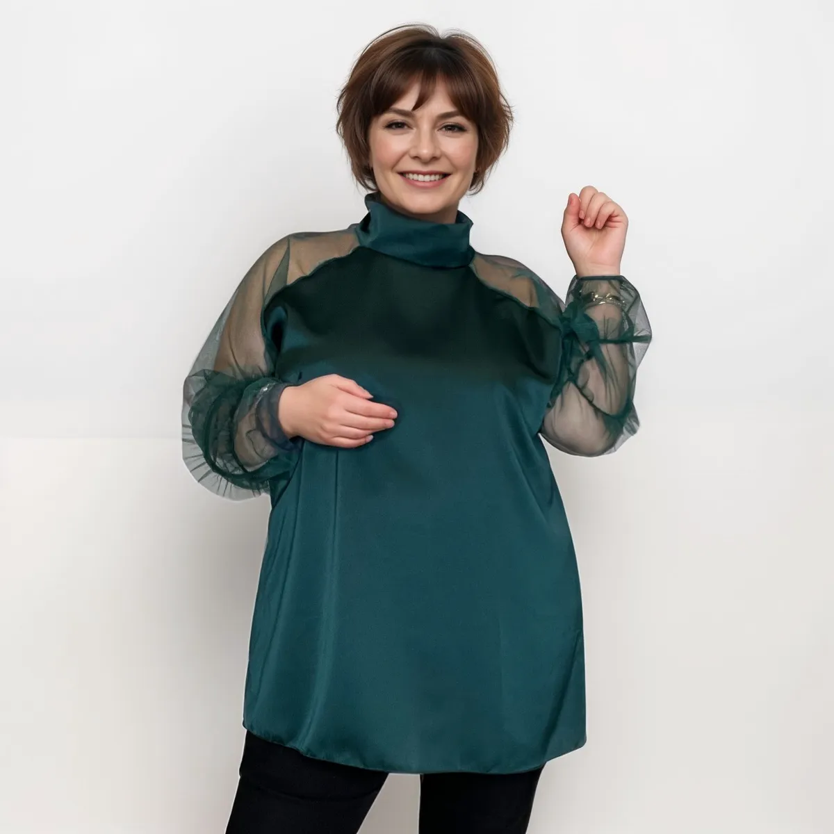 ROCKTHOSECURVES SATIN BLOUSE TURTLE NECK   CHIFFON FRILLED SLEEVES