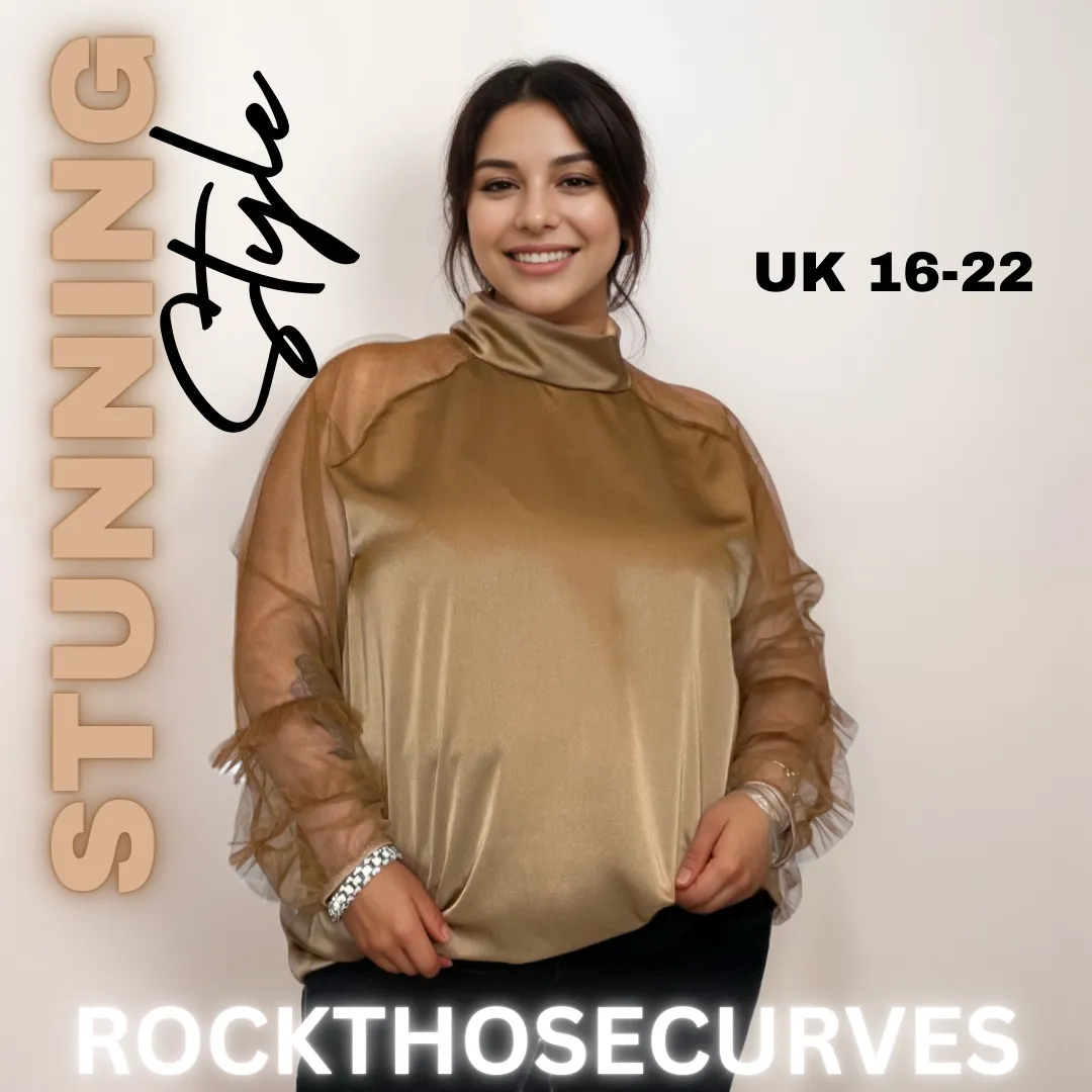 ROCKTHOSECURVES SATIN BLOUSE TURTLE NECK   CHIFFON FRILLED SLEEVES
