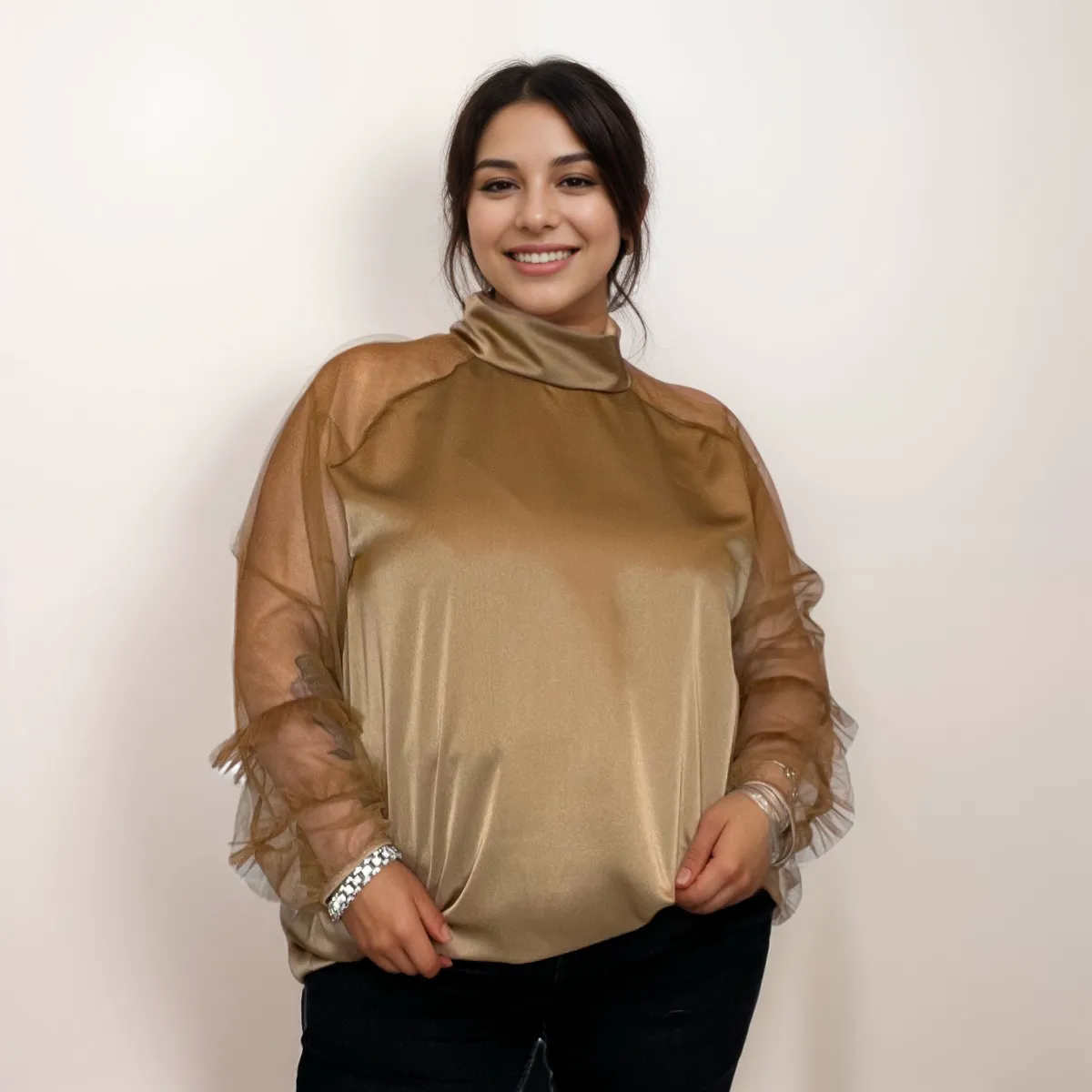 ROCKTHOSECURVES SATIN BLOUSE TURTLE NECK   CHIFFON FRILLED SLEEVES