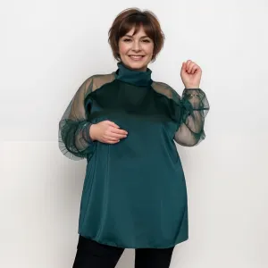 ROCKTHOSECURVES SATIN BLOUSE TURTLE NECK   CHIFFON FRILLED SLEEVES