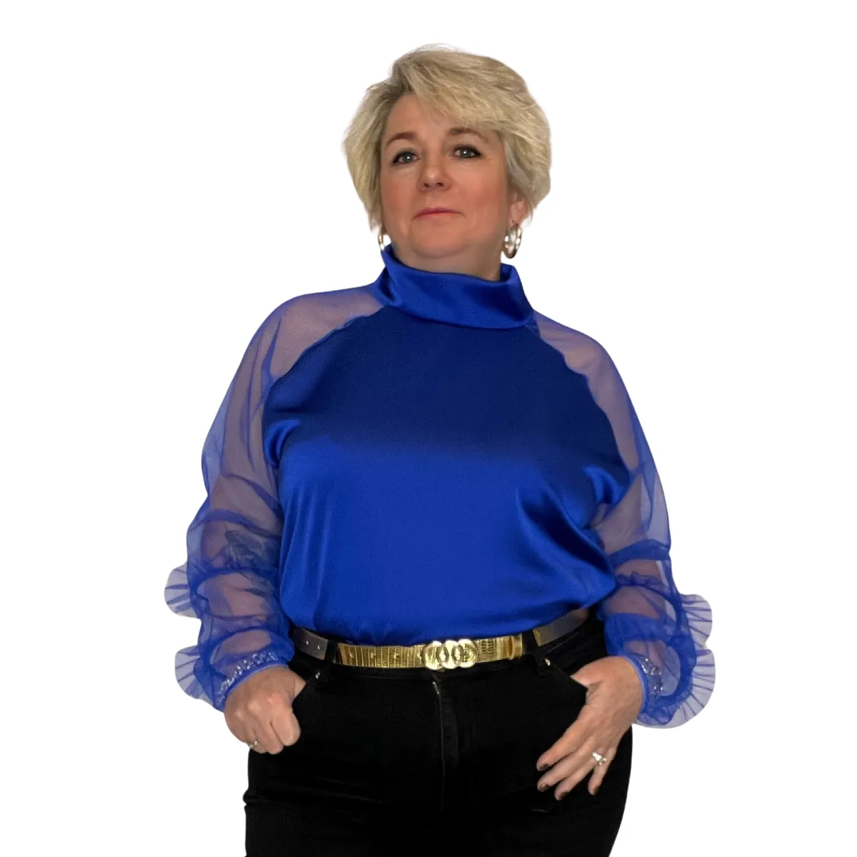 ROCKTHOSECURVES SATIN BLOUSE TURTLE NECK   CHIFFON FRILLED SLEEVES