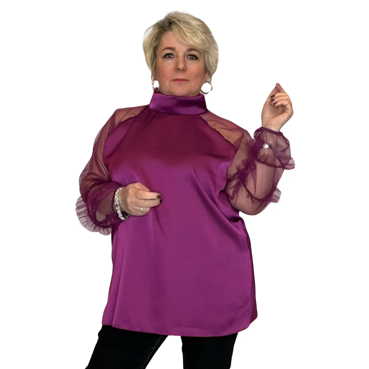 ROCKTHOSECURVES SATIN BLOUSE TURTLE NECK   CHIFFON FRILLED SLEEVES