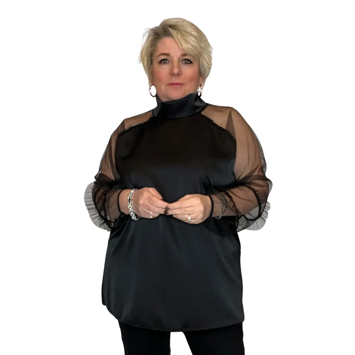 ROCKTHOSECURVES SATIN BLOUSE TURTLE NECK   CHIFFON FRILLED SLEEVES