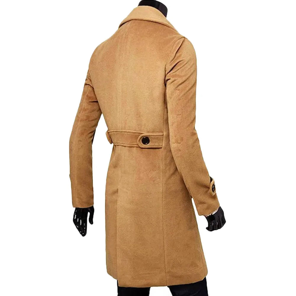 Solid Color Long Woolen Coat Casual Business Jacket Outwear for Men
